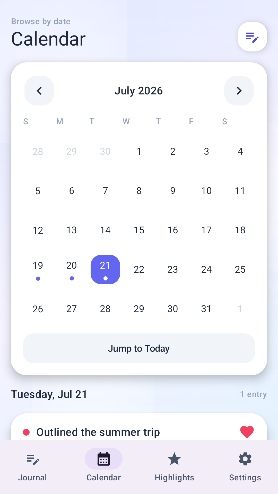 WhiteNote Log calendar screen