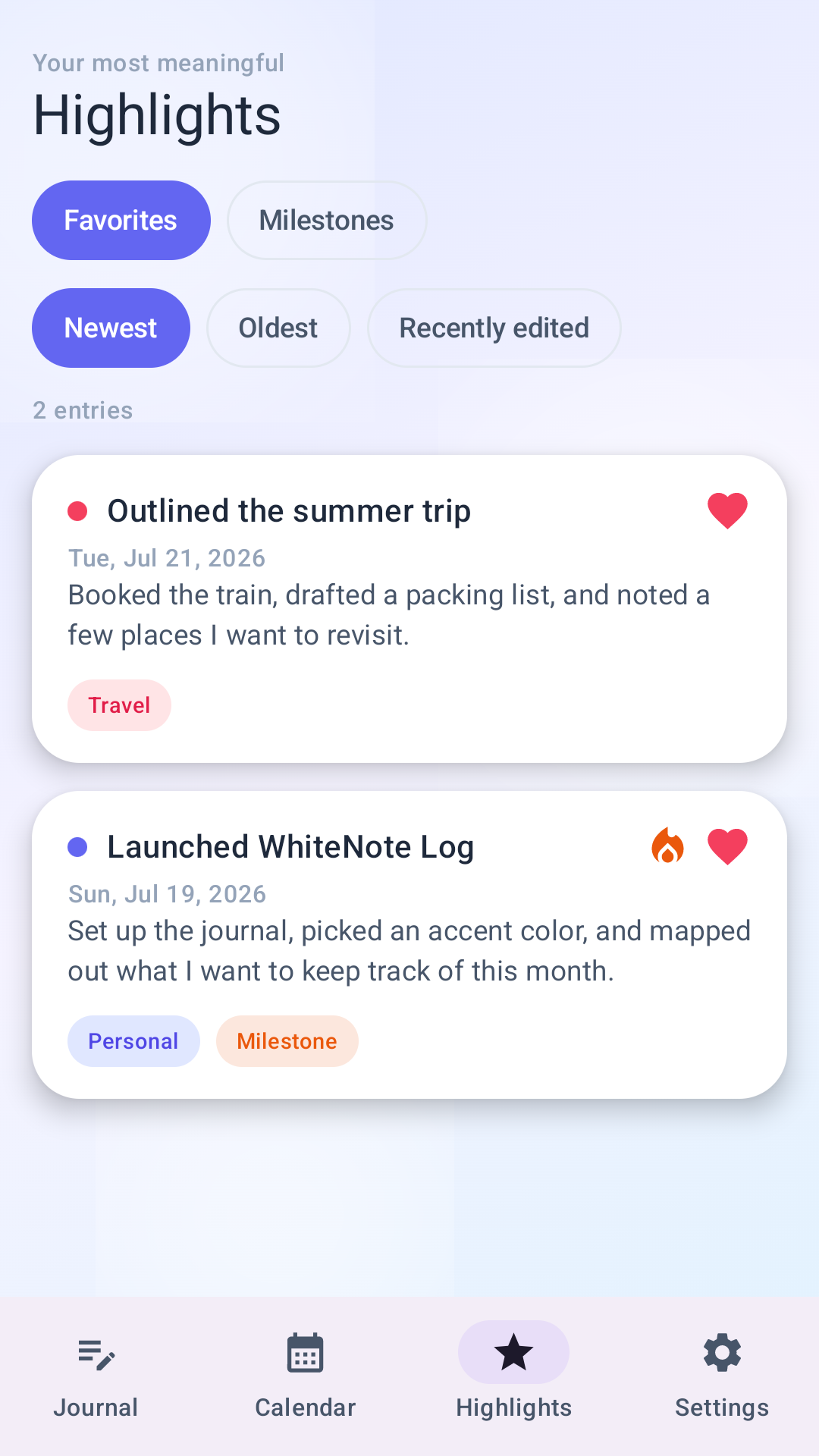 WhiteNote Log highlights screen